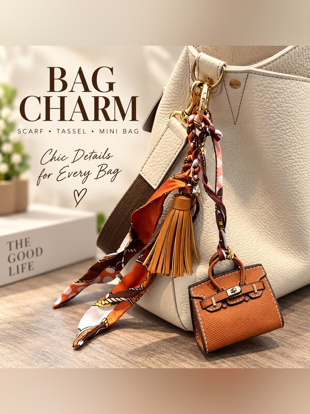 Mini Top Handle Handbag Charm Keychain with Scarf & Tassel โ Brown - Picture 4 of 6